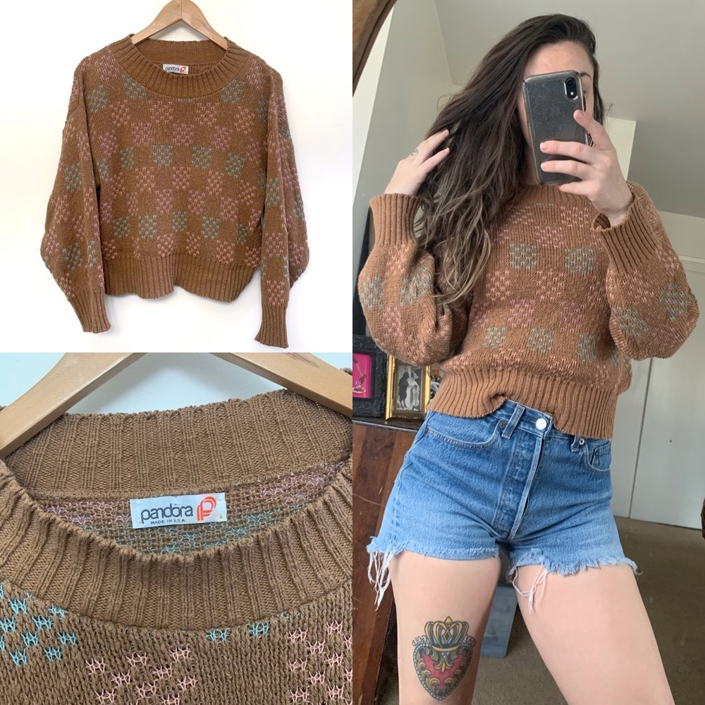 Vintage 70s checker-board print mock neck knit crop sweater